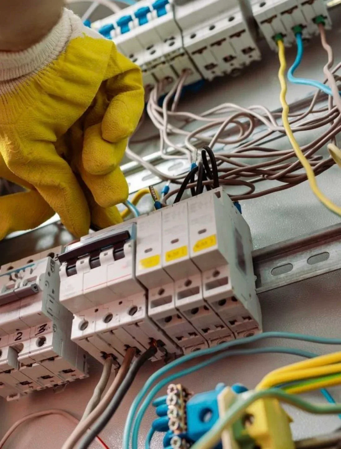 Električar u žutim rukavicama radi na razvodnoj tabli